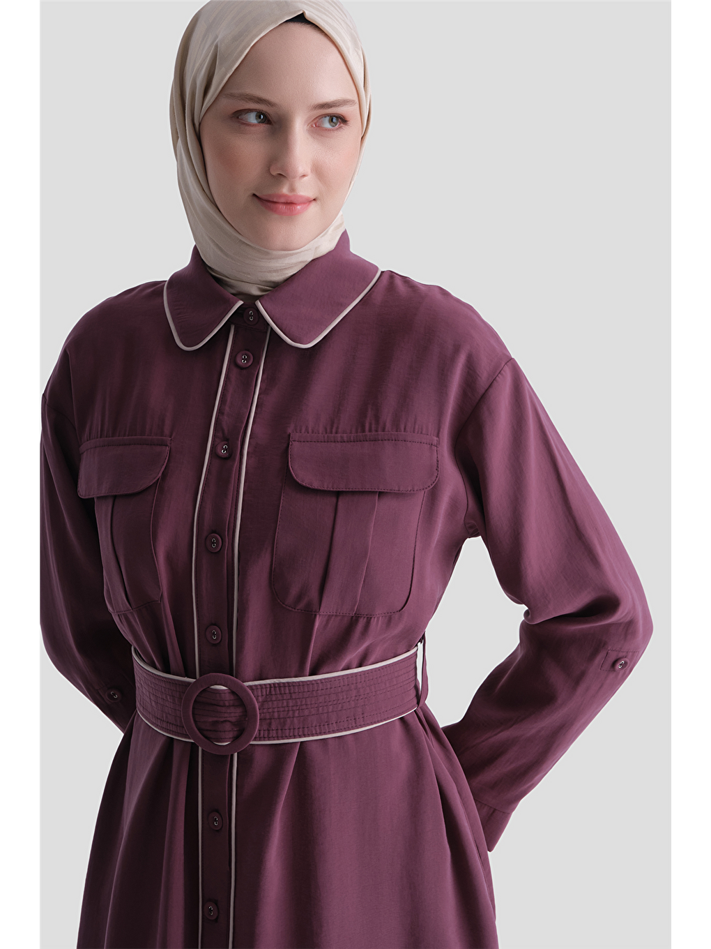 Biye Detaylı Elbise Mürdüm-3