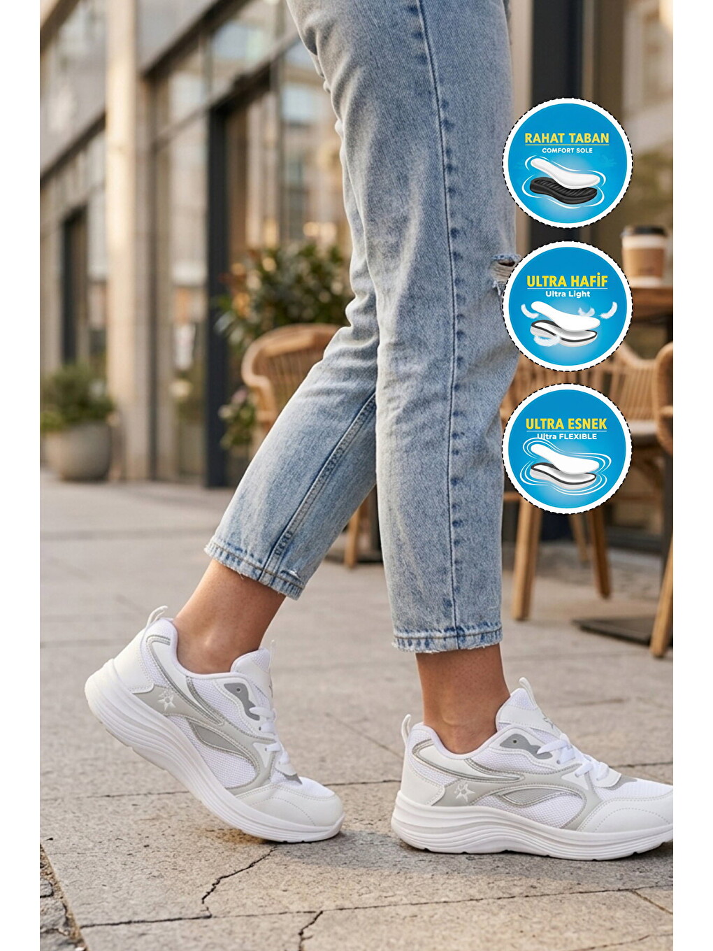 Beyaz-gri Fileli Bağcıklı Nefes Alan Rahat Tabanlı Unisex Yürüyüş Ve Spor Ayakkabı 26106 G-1