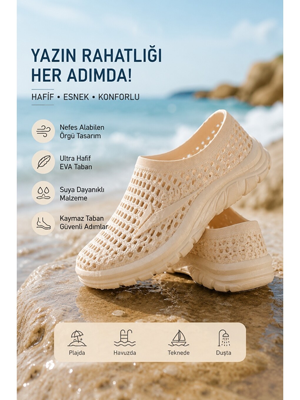 Bej WAVE Unısex Delikli Kaymaz Taban Deniz Havuz Plaj Ayakkabısı-1