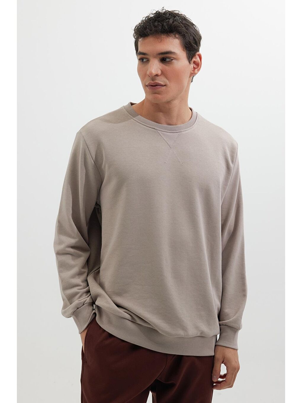 Unisex Relax Fit Rahat Kesim %100 Pamuk Basic Bej Bisiklet Yaka Sweatshirt-1