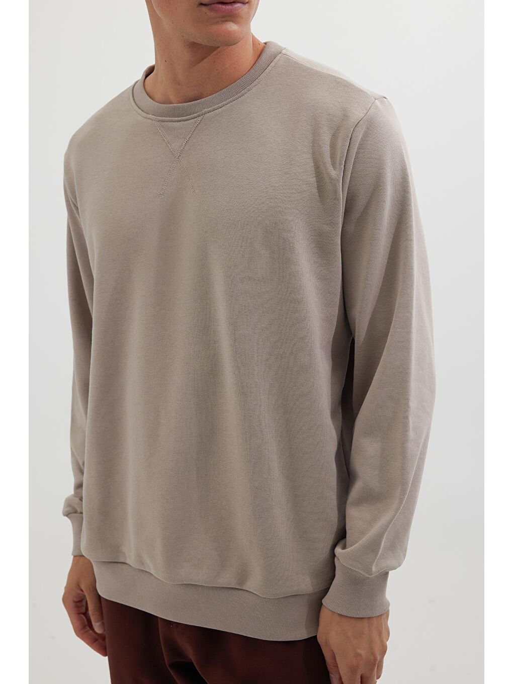 Unisex Relax Fit Rahat Kesim %100 Pamuk Basic Bej Bisiklet Yaka Sweatshirt-2