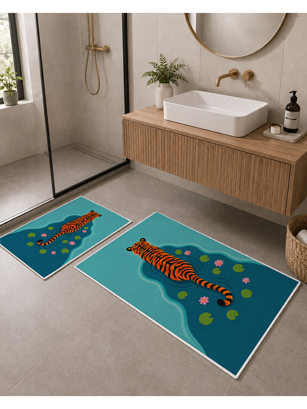 Turkuaz Kaplan Desenli Kaymaz Taban Banyo Paspası 2’li Set-4