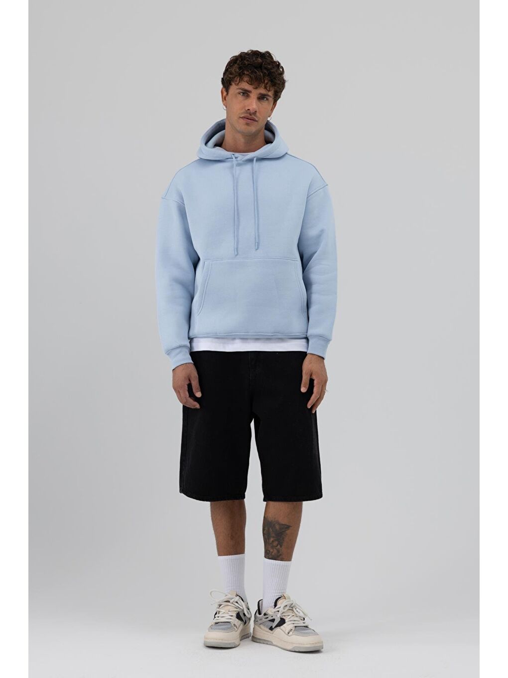 Basic Oversize Kapüşonlu Sweatshirt Bebe Mavi