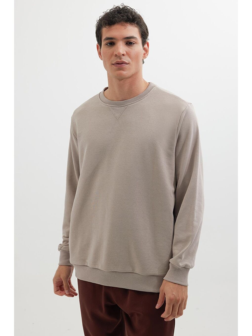 Unisex Relax Fit Rahat Kesim %100 Pamuk Basic Bej Bisiklet Yaka Sweatshirt-3