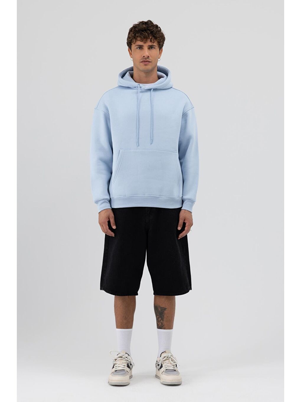 Basic Oversize Kapüşonlu Sweatshirt Bebe Mavi-1