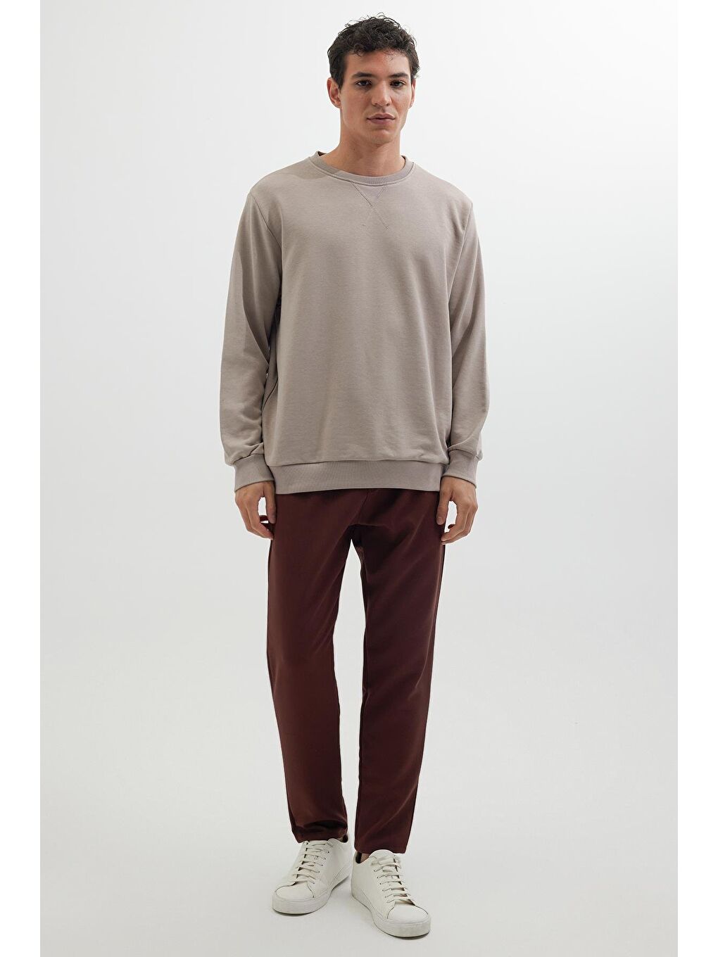 Unisex Relax Fit Rahat Kesim %100 Pamuk Basic Bej Bisiklet Yaka Sweatshirt-4