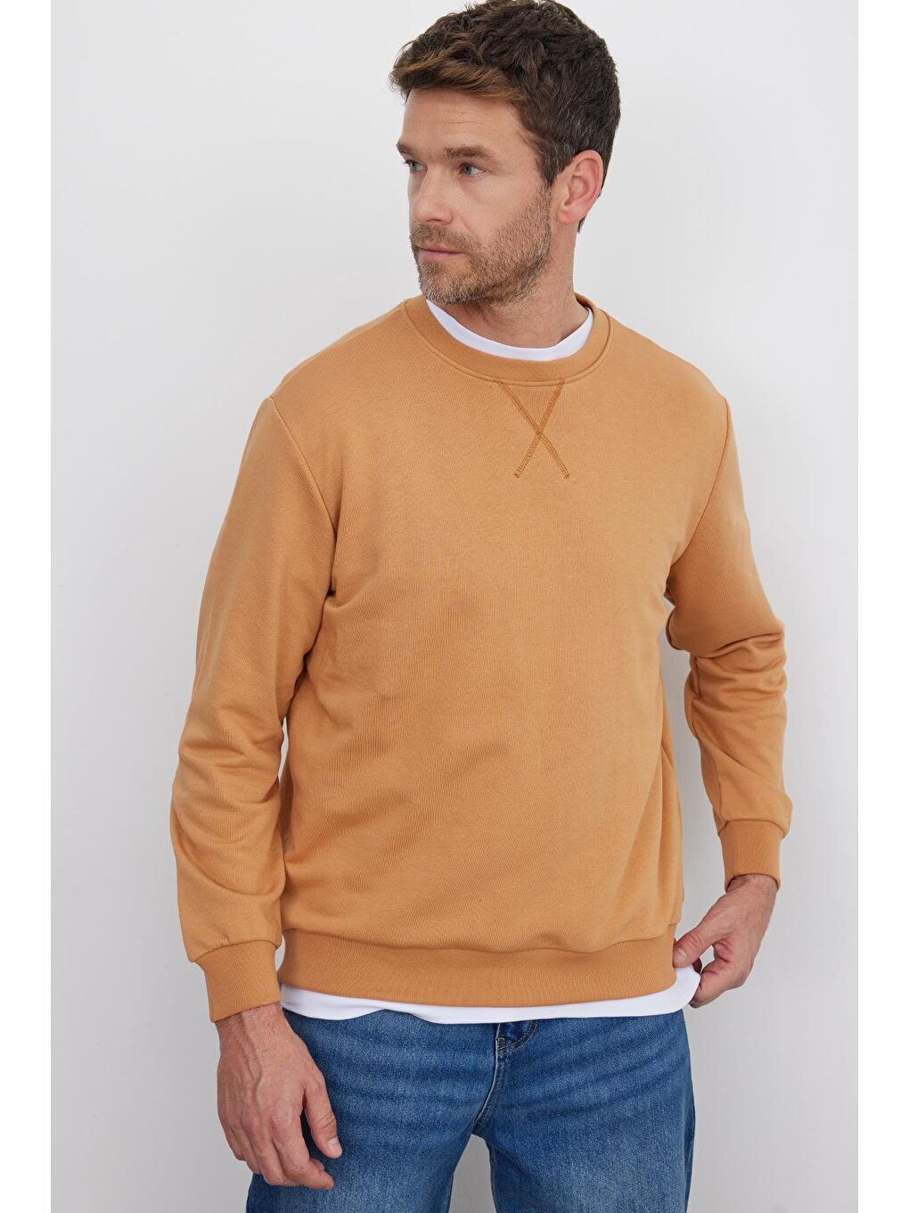 Sarı Unisex Relax Fit Rahat Kesim %100 Pamuk Basic Camel Bisiklet Yaka Sweatshirt-1