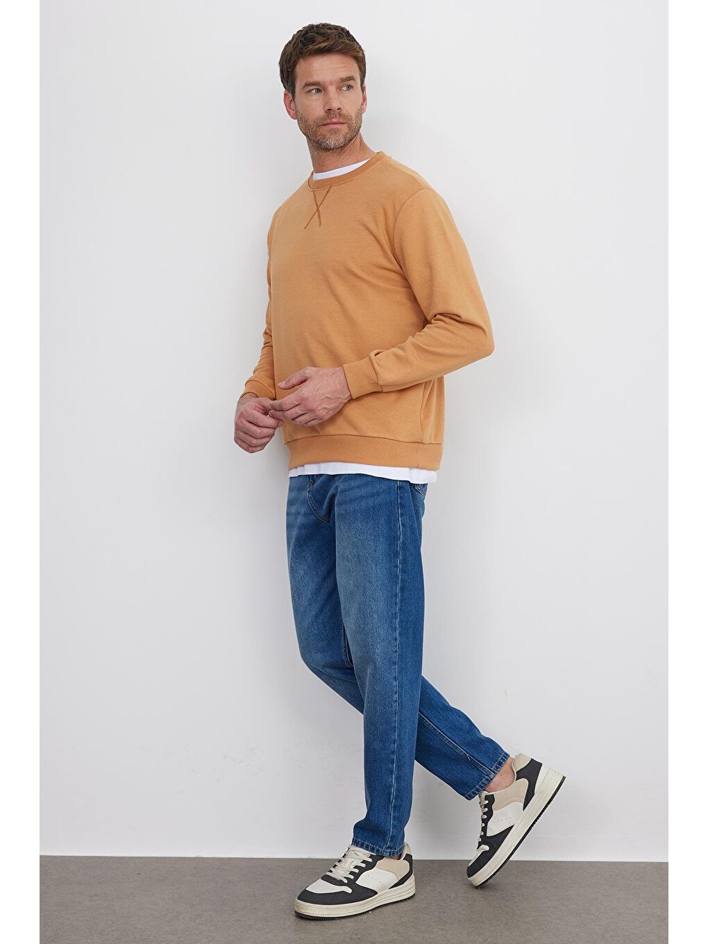 Sarı Unisex Relax Fit Rahat Kesim %100 Pamuk Basic Camel Bisiklet Yaka Sweatshirt-3