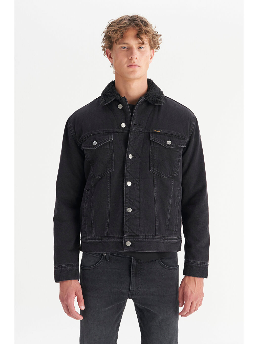 %100 Pamuk Regular Fit Normal Kesim Sherpa Detaylı Siyah Denim Ceket