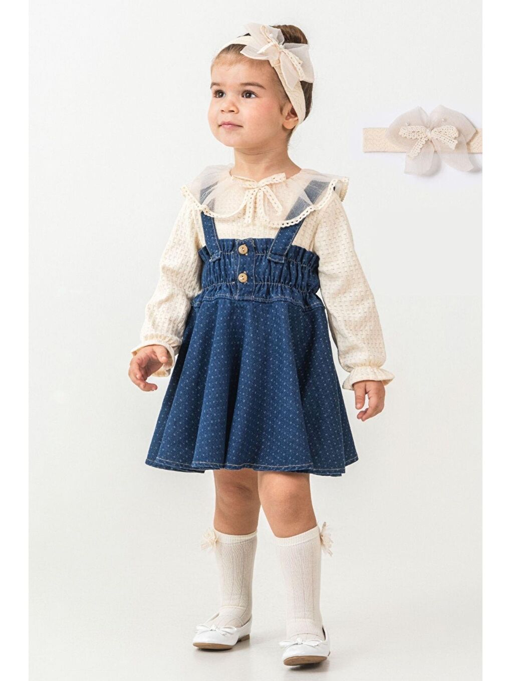 Bej Vintage Stil Dantel Detaylı Kız Çocuk Jile Seti 3'Lü Kombin