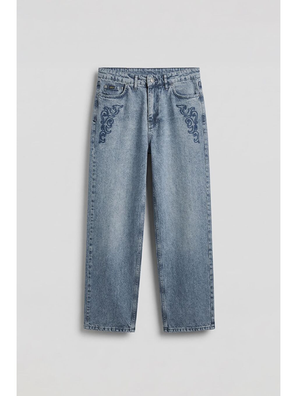 Erkek Baggy Nakış Detaylı Jean Pantolon Mavi