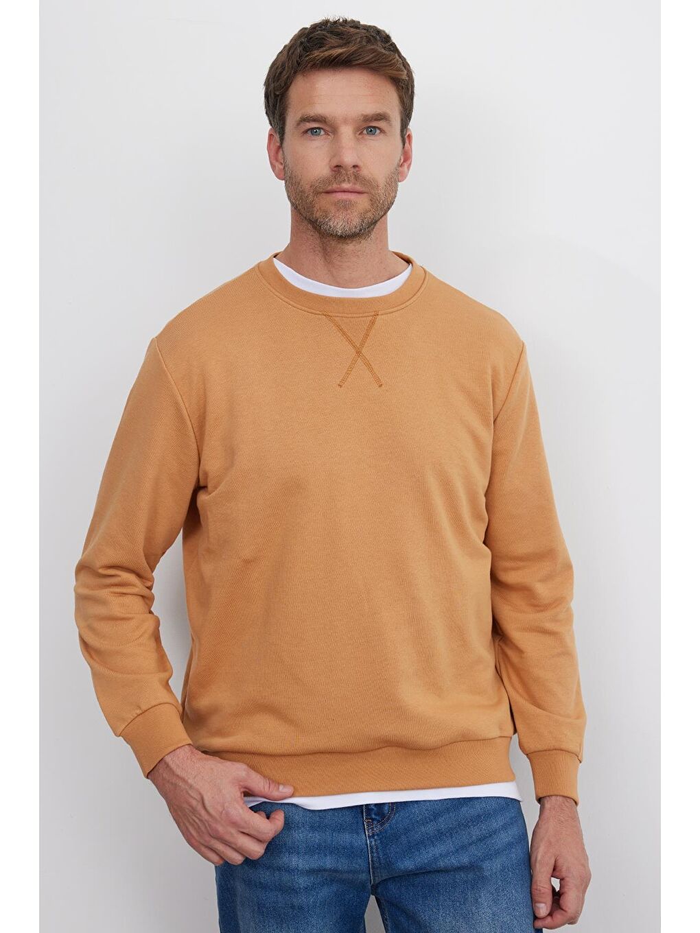 Sarı Unisex Relax Fit Rahat Kesim %100 Pamuk Basic Camel Bisiklet Yaka Sweatshirt-4