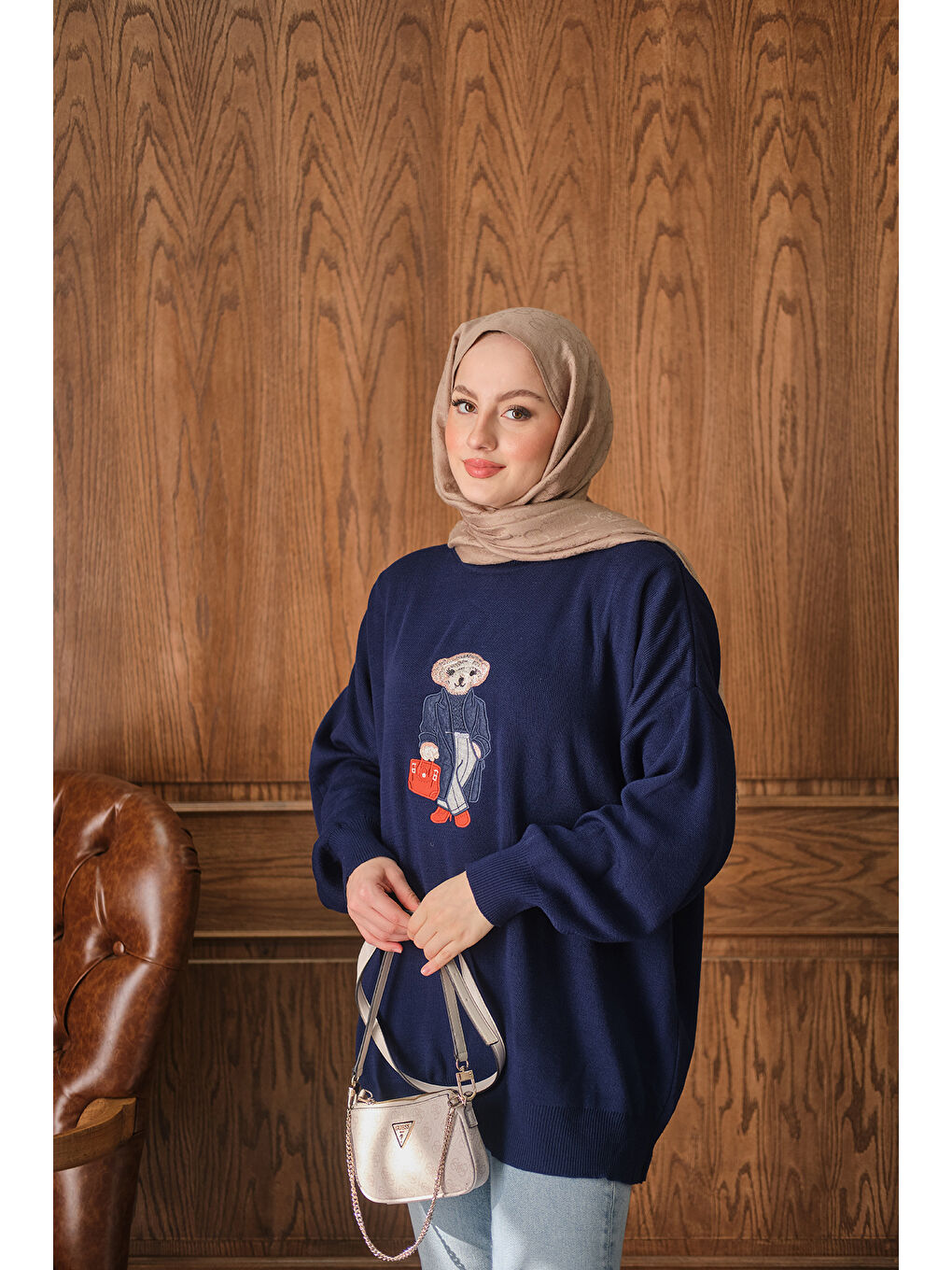 Kadın Ayıcık Nakışlı Triko Takım Lacivert-2