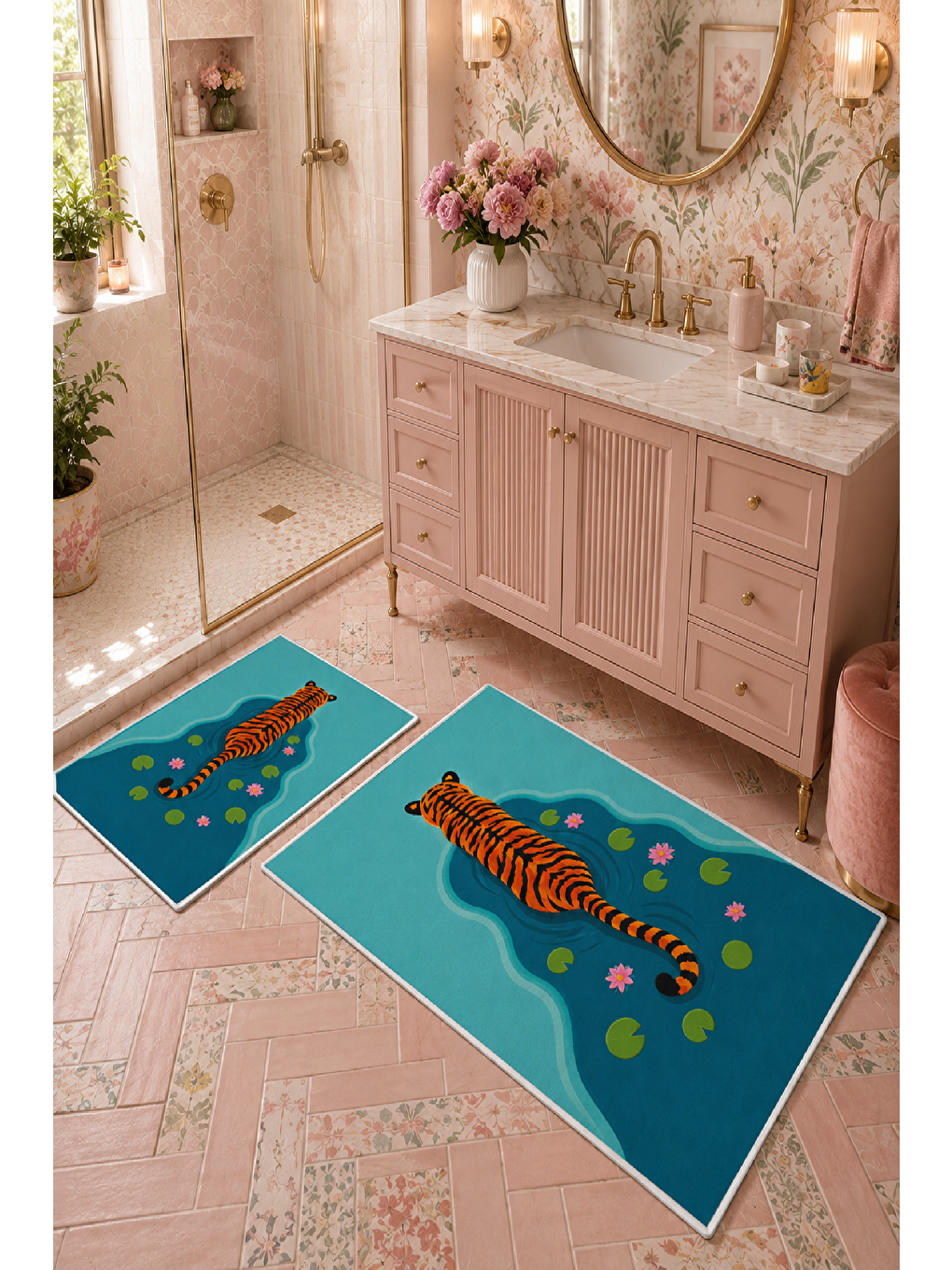 Turkuaz Kaplan Desenli Kaymaz Taban Banyo Paspası 2’li Set-5