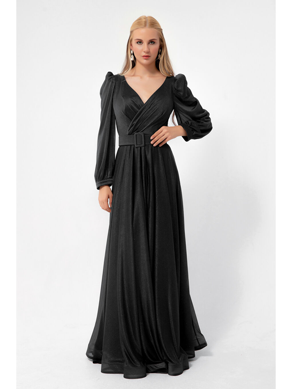 Kadın Siyah Kruvaze Yaka Simli Uzun Kloş Abiye Elbise-3