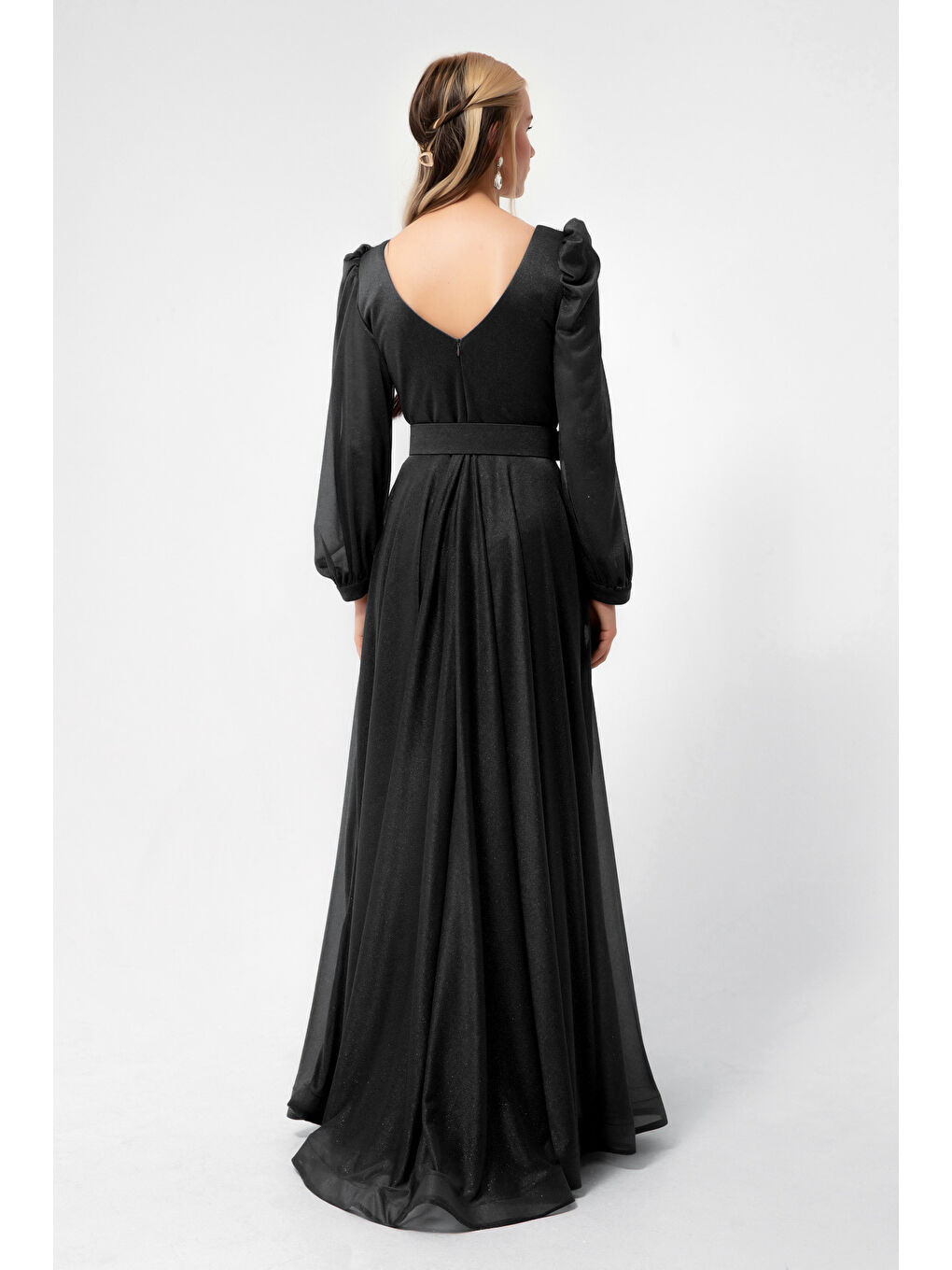 Kadın Siyah Kruvaze Yaka Simli Uzun Kloş Abiye Elbise-4