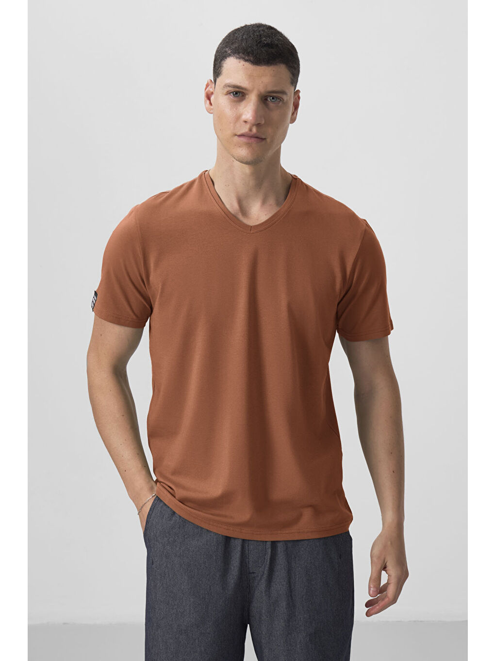 Kahverengi Tarçın Basic Kısa Kol Standart Kalıp V Yaka Erkek T-Shirt - 87912