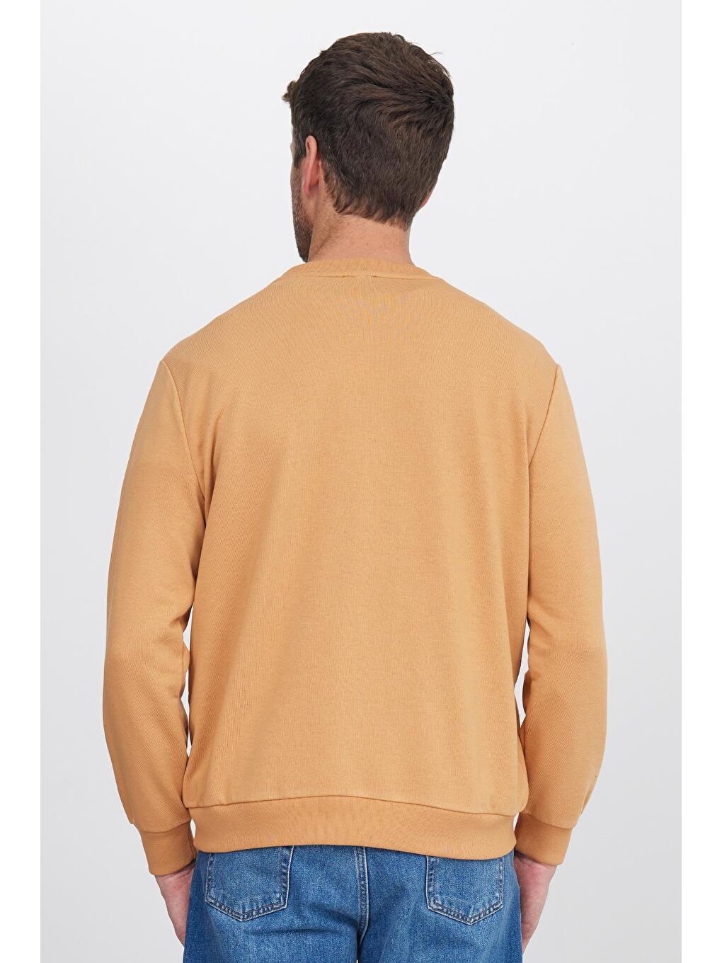 Sarı Unisex Relax Fit Rahat Kesim %100 Pamuk Basic Camel Bisiklet Yaka Sweatshirt-6