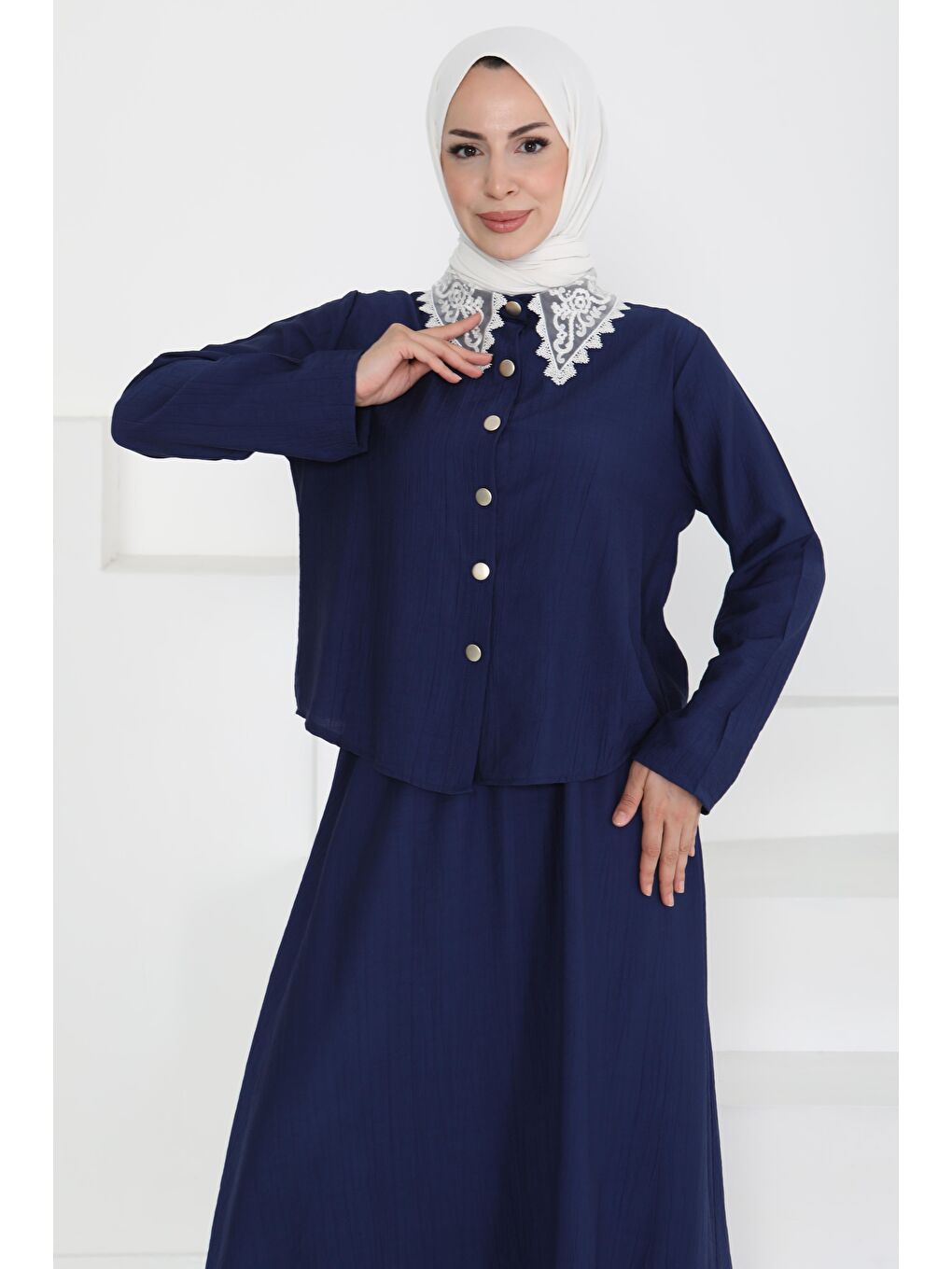 İndigo Dantel Yaka İkili Takım Indigo - 27179-1