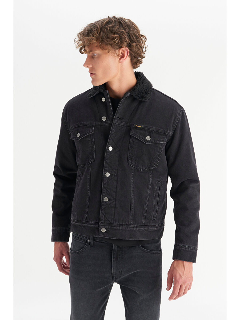 %100 Pamuk Regular Fit Normal Kesim Sherpa Detaylı Siyah Denim Ceket-2
