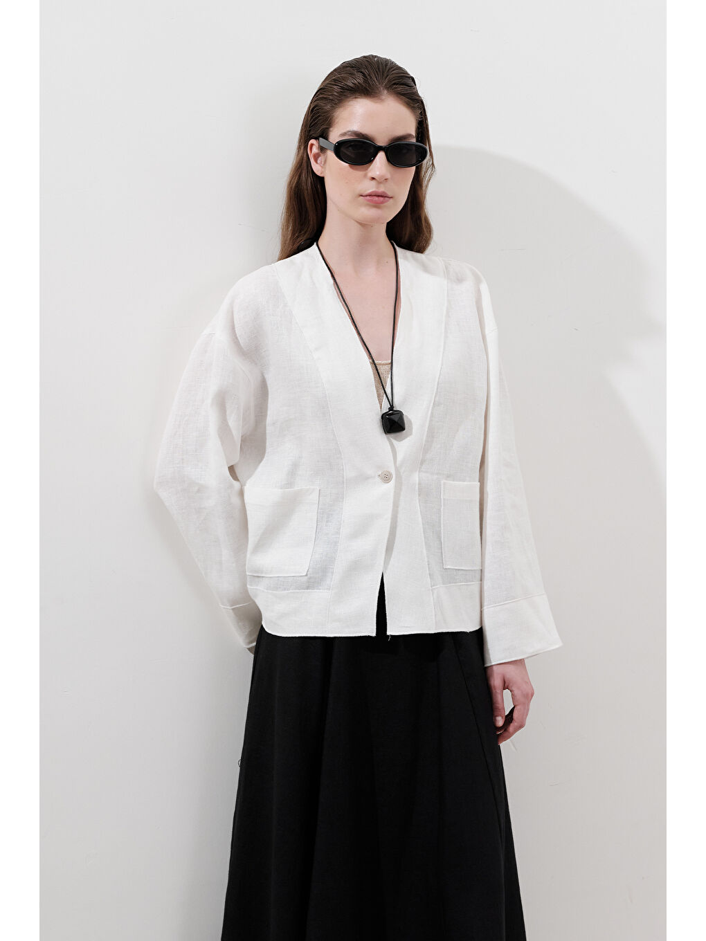 Keten Tek Düğmeli Bluz Ekru