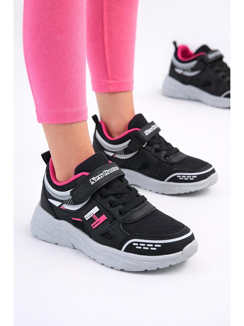 Siyah Unisex Çocuk Spor Günlük Hafif Taban Cırtlı Bağcıklı Nefes Alabilen Kaymaz Okul Ve Günlük Sneaker