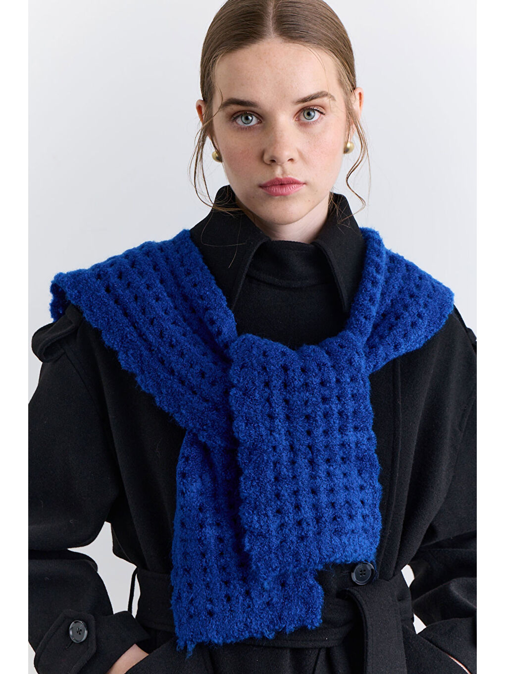 Soft Dokulu Yakalı Şal Mavi