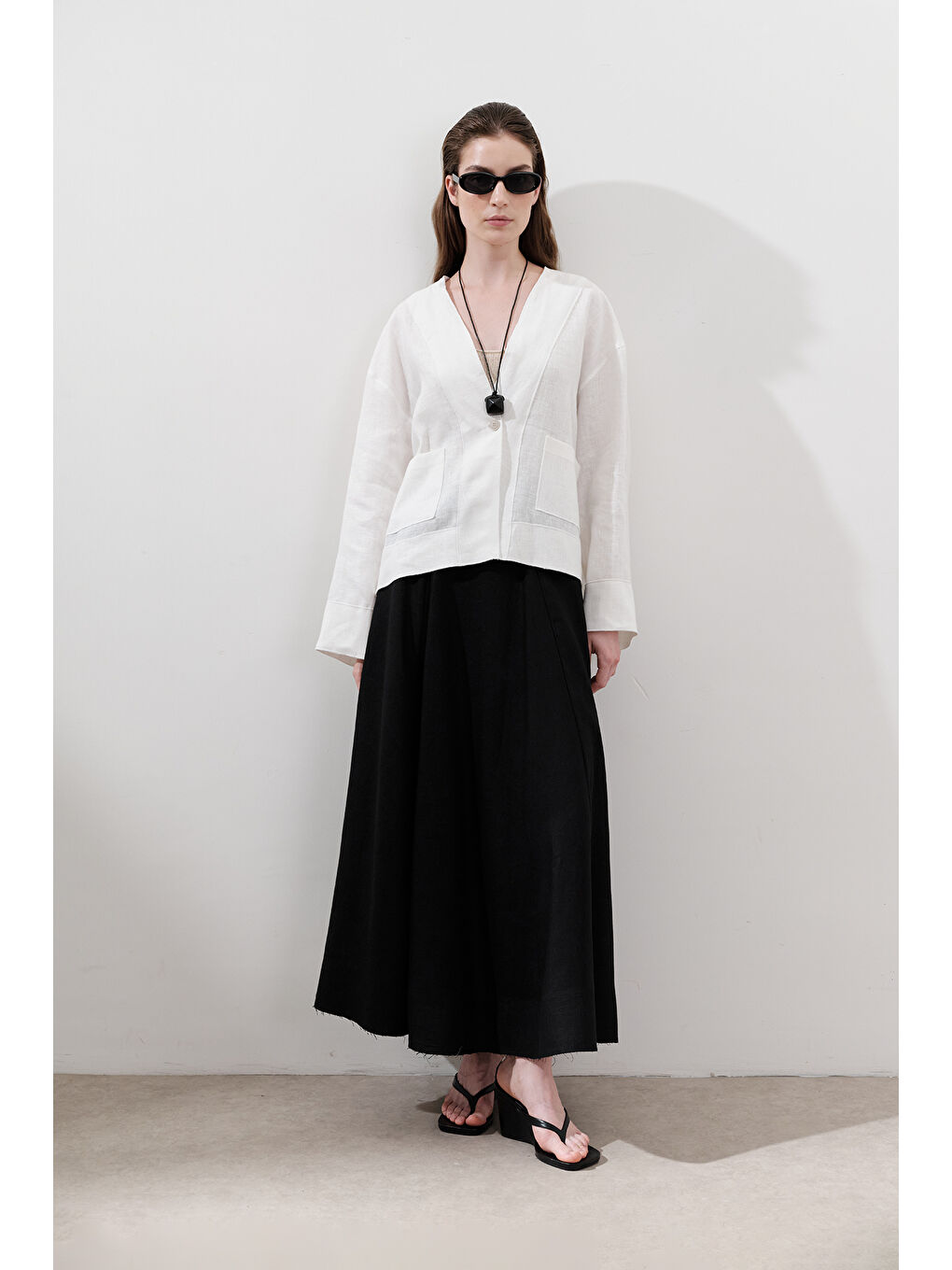 Keten Tek Düğmeli Bluz Ekru-2