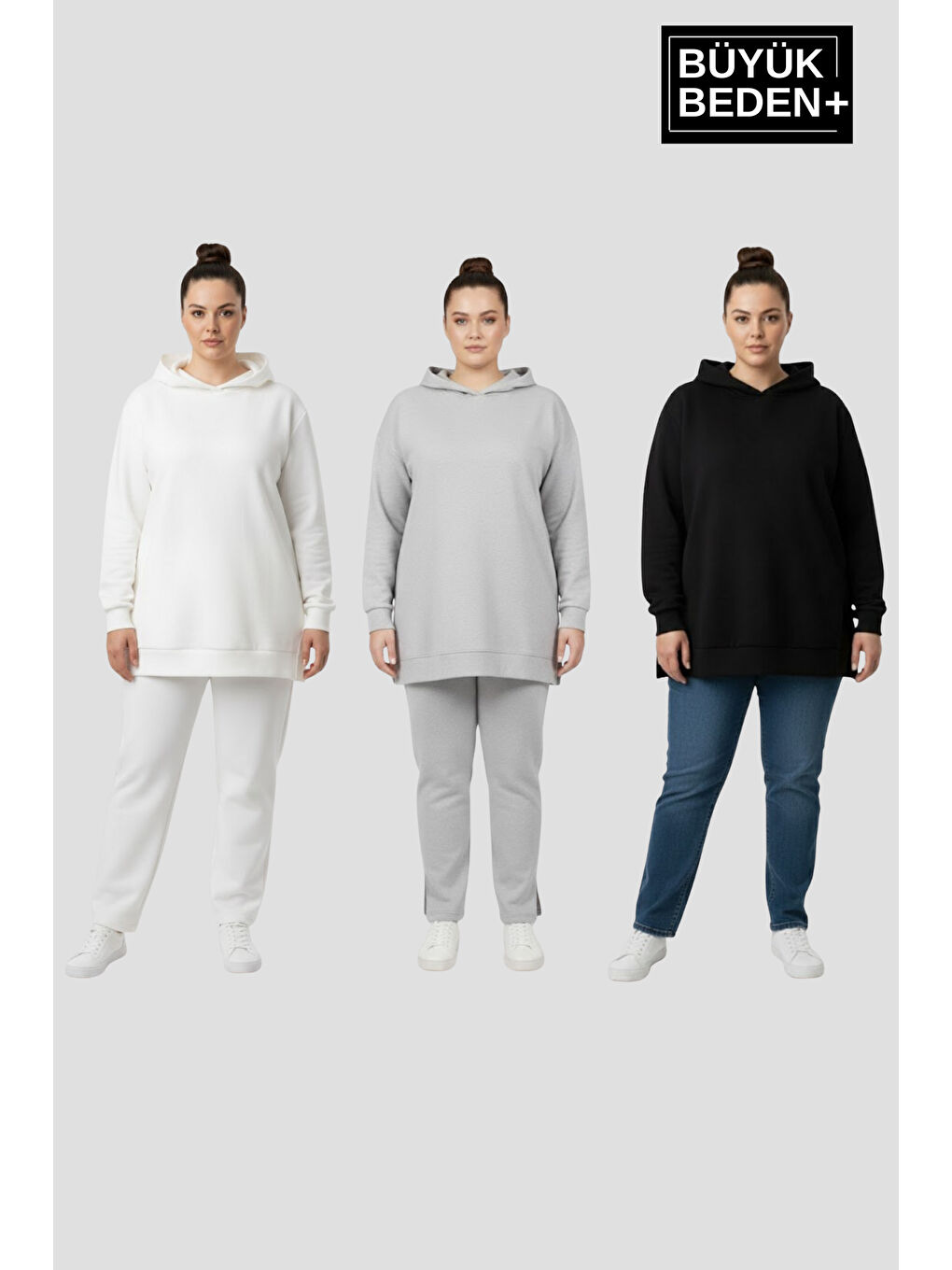 Siyah Kadın Büyük Beden 3'lü Set Kapüşonlu Tunik ince Sweatshırt SPR26BTK991+3