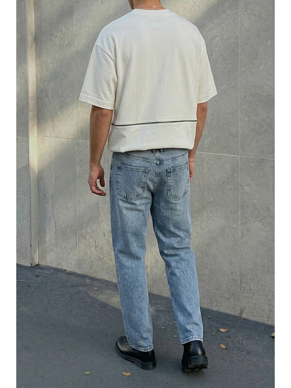 Erkek Baggy Nakış Detaylı Jean Pantolon Mavi-3