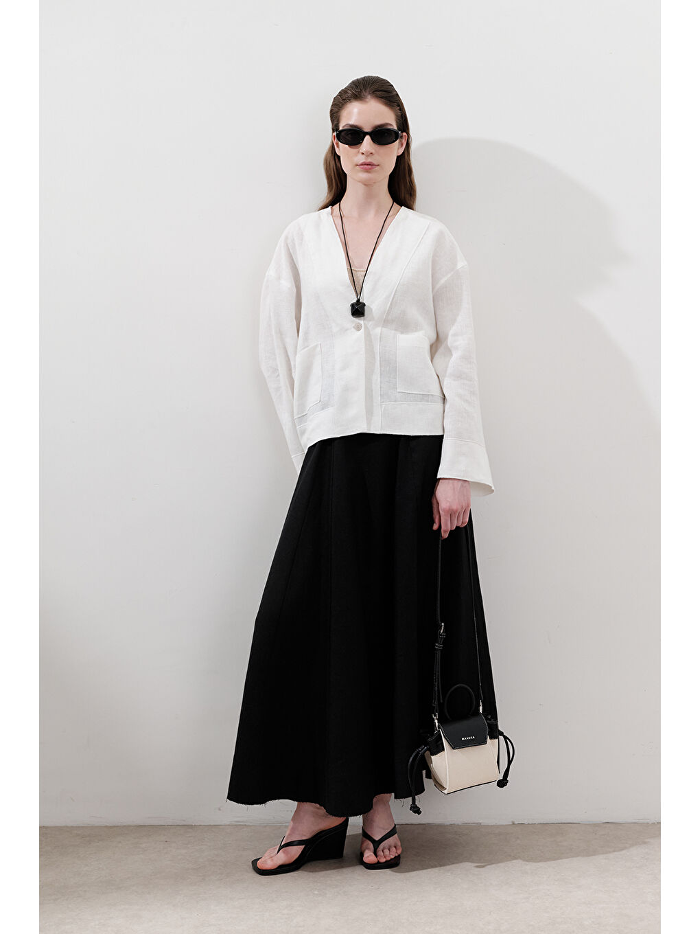 Keten Tek Düğmeli Bluz Ekru-3