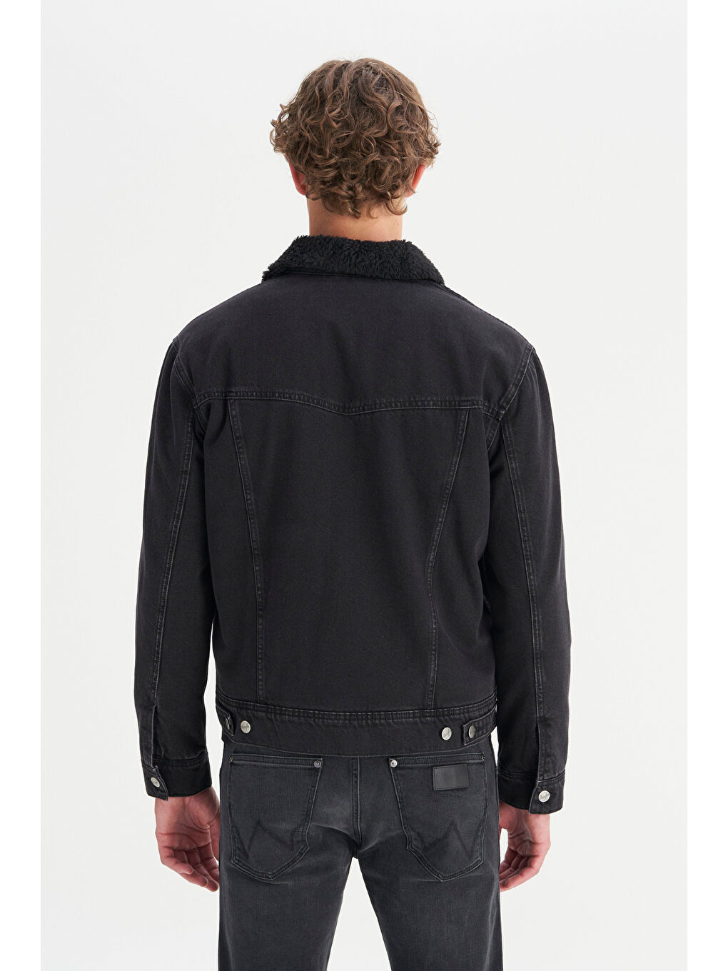 %100 Pamuk Regular Fit Normal Kesim Sherpa Detaylı Siyah Denim Ceket-4