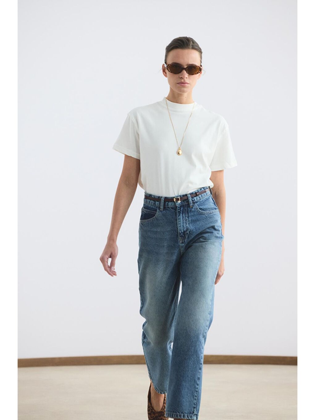 Yüksek Bel Düz Paça Jean Pantolon Orta Mavi-2