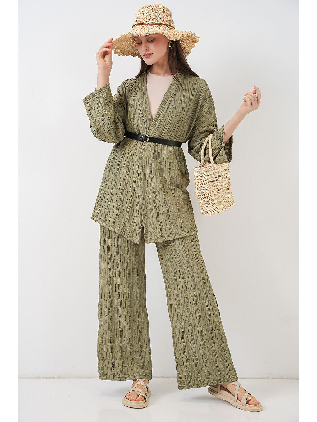 Yeşil Kadın Kimono Pantolon İkili Takım 30078 - Çağla-3