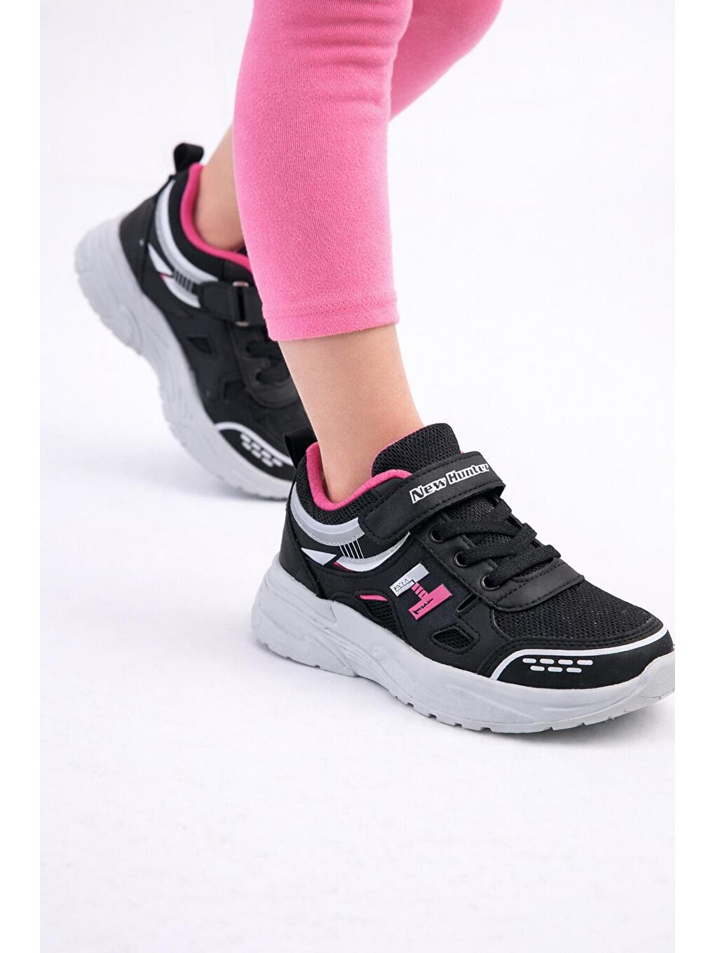 Siyah Unisex Çocuk Spor Günlük Hafif Taban Cırtlı Bağcıklı Nefes Alabilen Kaymaz Okul Ve Günlük Sneaker-2