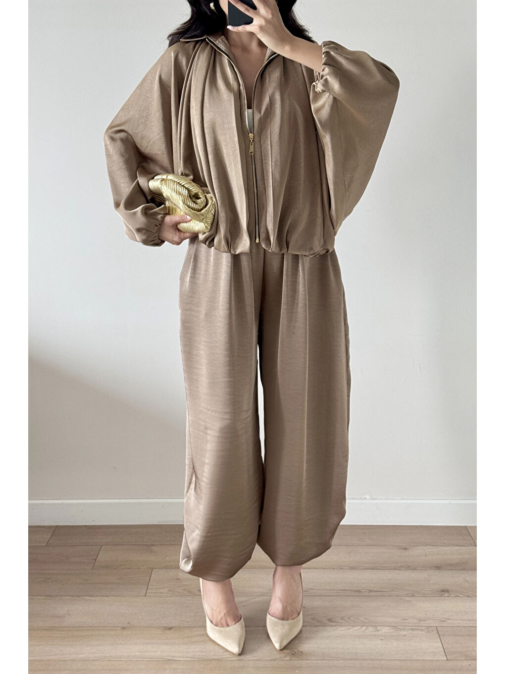 Bej Kadın Vizon Saten Bomber Ceket Pantolon Takım 1046-9584