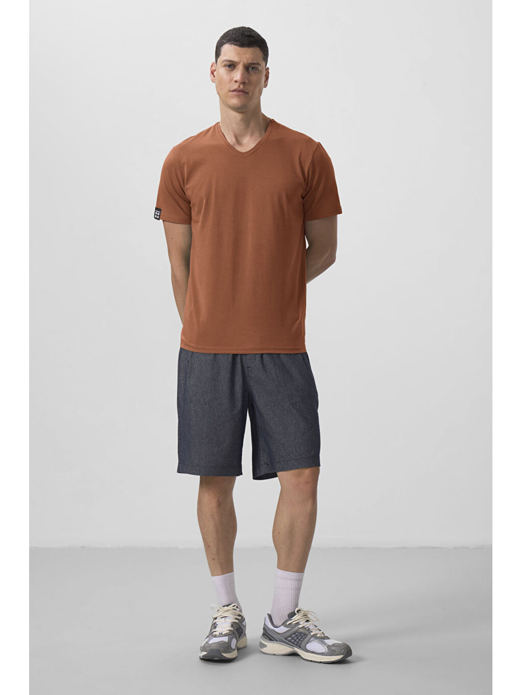 Kahverengi Tarçın Basic Kısa Kol Standart Kalıp V Yaka Erkek T-Shirt - 87912-1