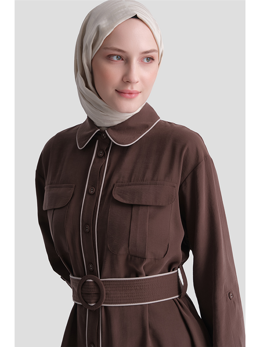 Biye Detaylı Elbise Kahverengi-3