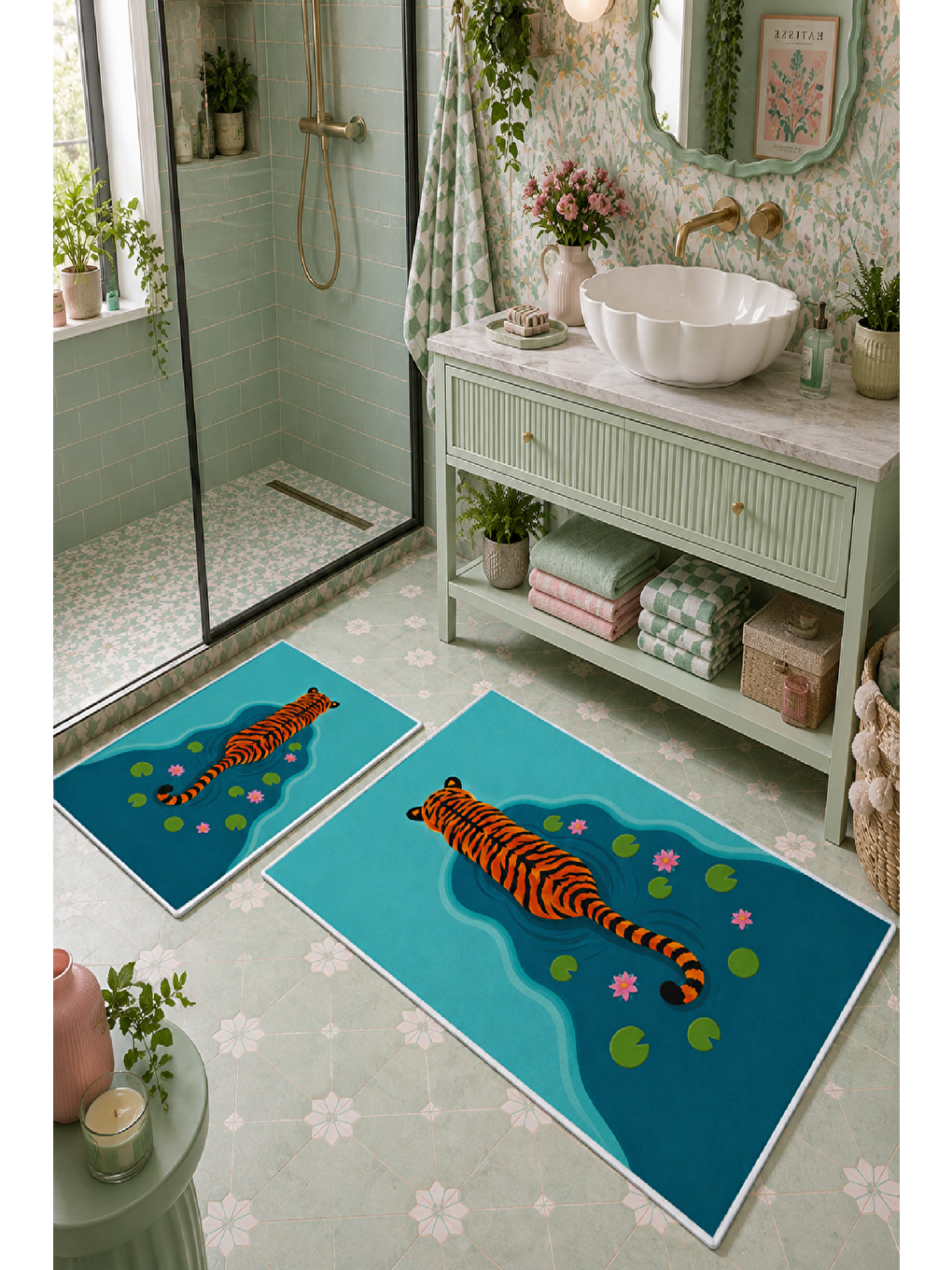 Turkuaz Kaplan Desenli Kaymaz Taban Banyo Paspası 2’li Set-6
