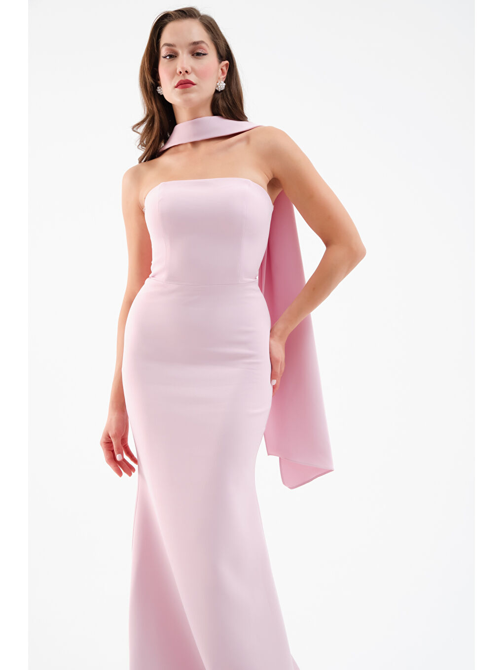 Pembe Kadın Pudra Şal Yaka Detay Uzun Abiye Elbise-2