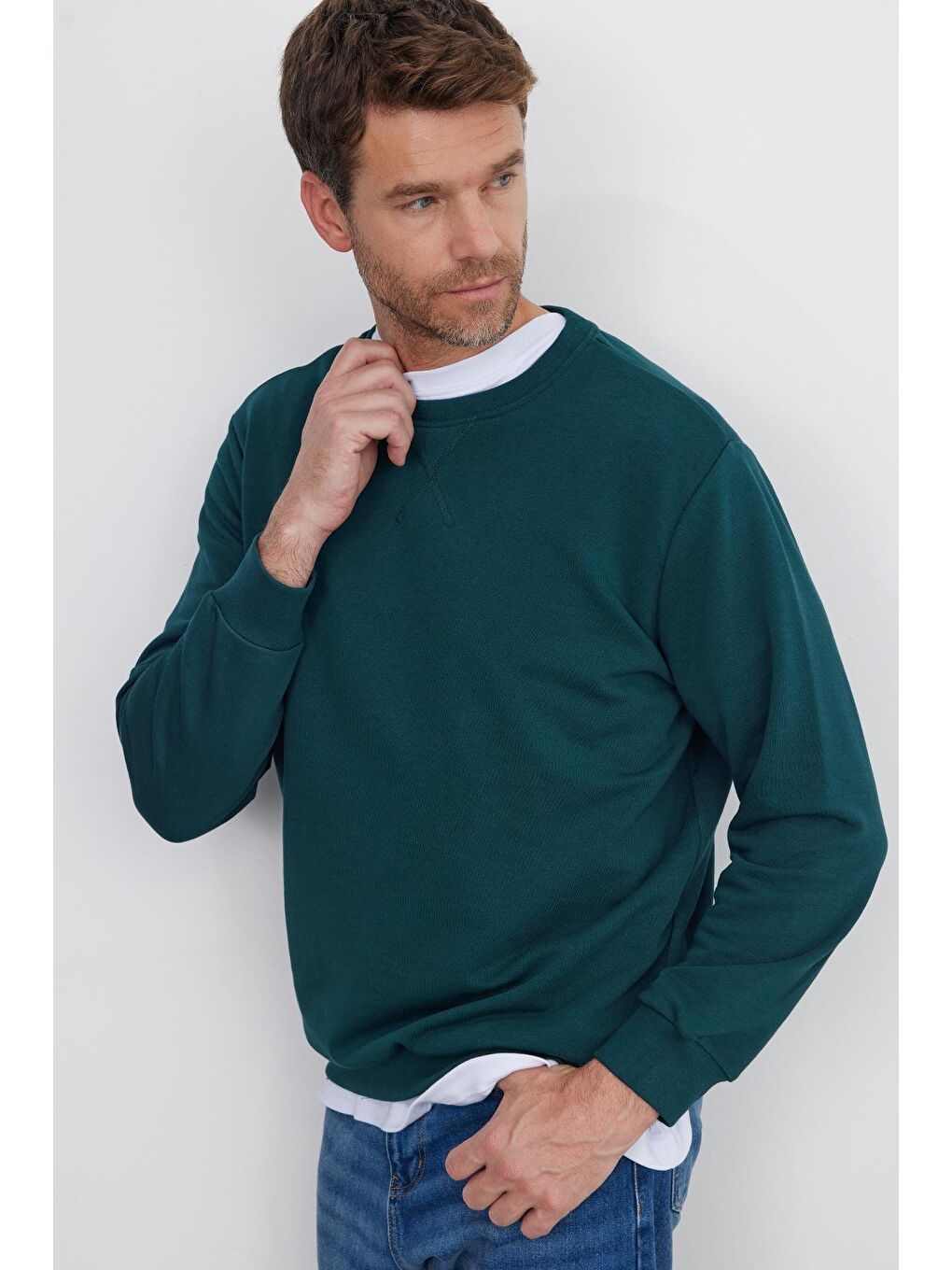 Unisex Relax Fit Rahat Kesim %100 Pamuk Basic Yeşil Bisiklet Yaka Sweatshirt-3