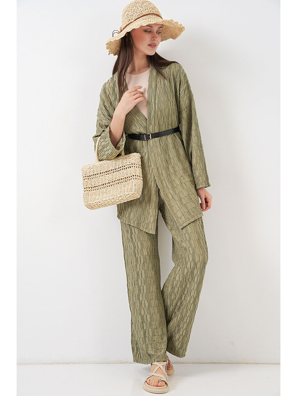 Yeşil Kadın Kimono Pantolon İkili Takım 30078 - Çağla-4