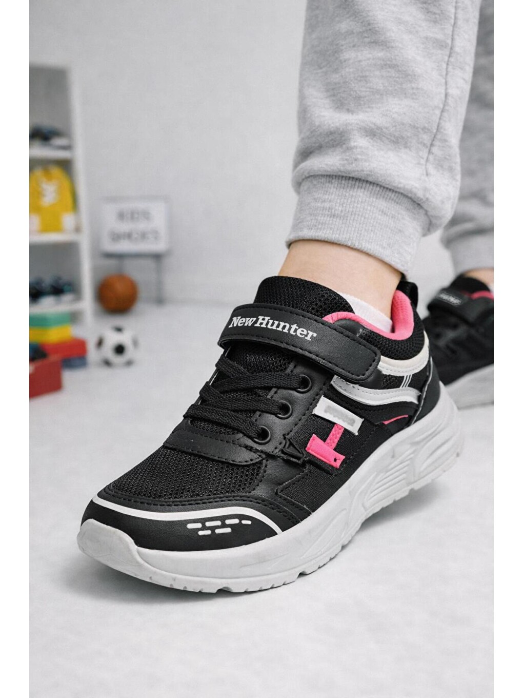 Siyah Unisex Çocuk Spor Günlük Hafif Taban Cırtlı Bağcıklı Nefes Alabilen Kaymaz Okul Ve Günlük Sneaker-3