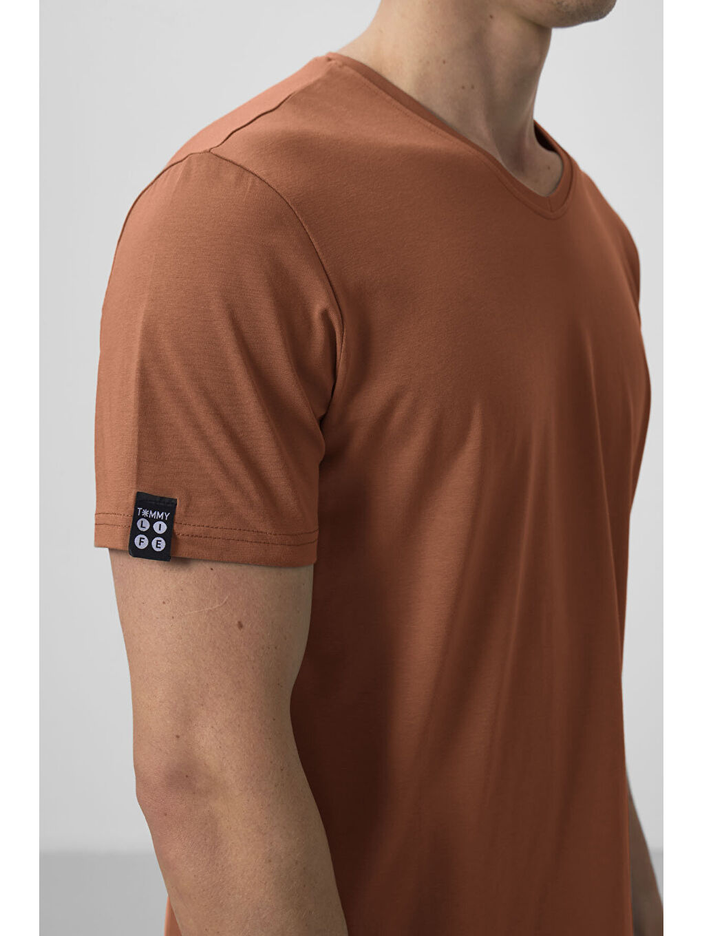 Kahverengi Tarçın Basic Kısa Kol Standart Kalıp V Yaka Erkek T-Shirt - 87912-2