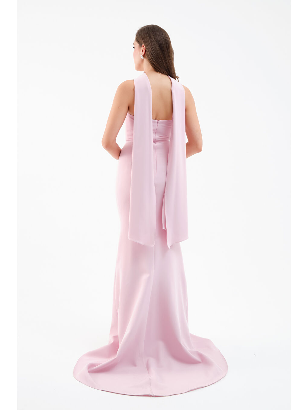Pembe Kadın Pudra Şal Yaka Detay Uzun Abiye Elbise-4