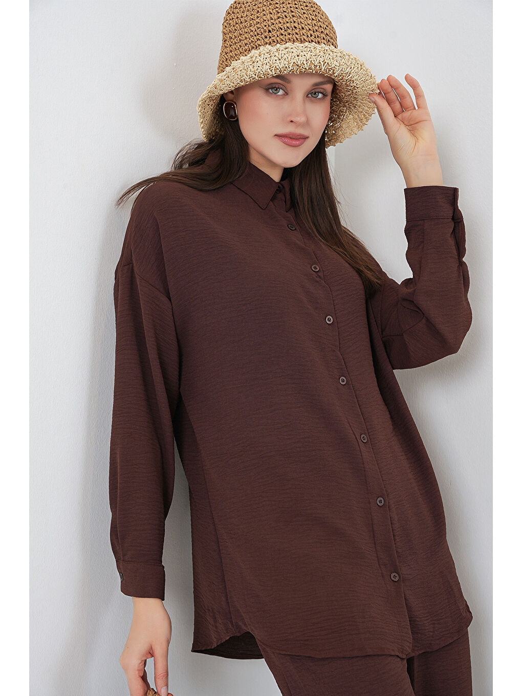 Kadın Gömlek Pantolon İkili Takım 30063 - Kahverengi-1