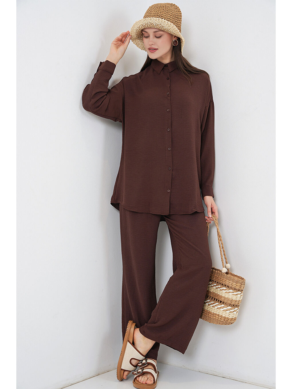 Kadın Gömlek Pantolon İkili Takım 30063 - Kahverengi-2