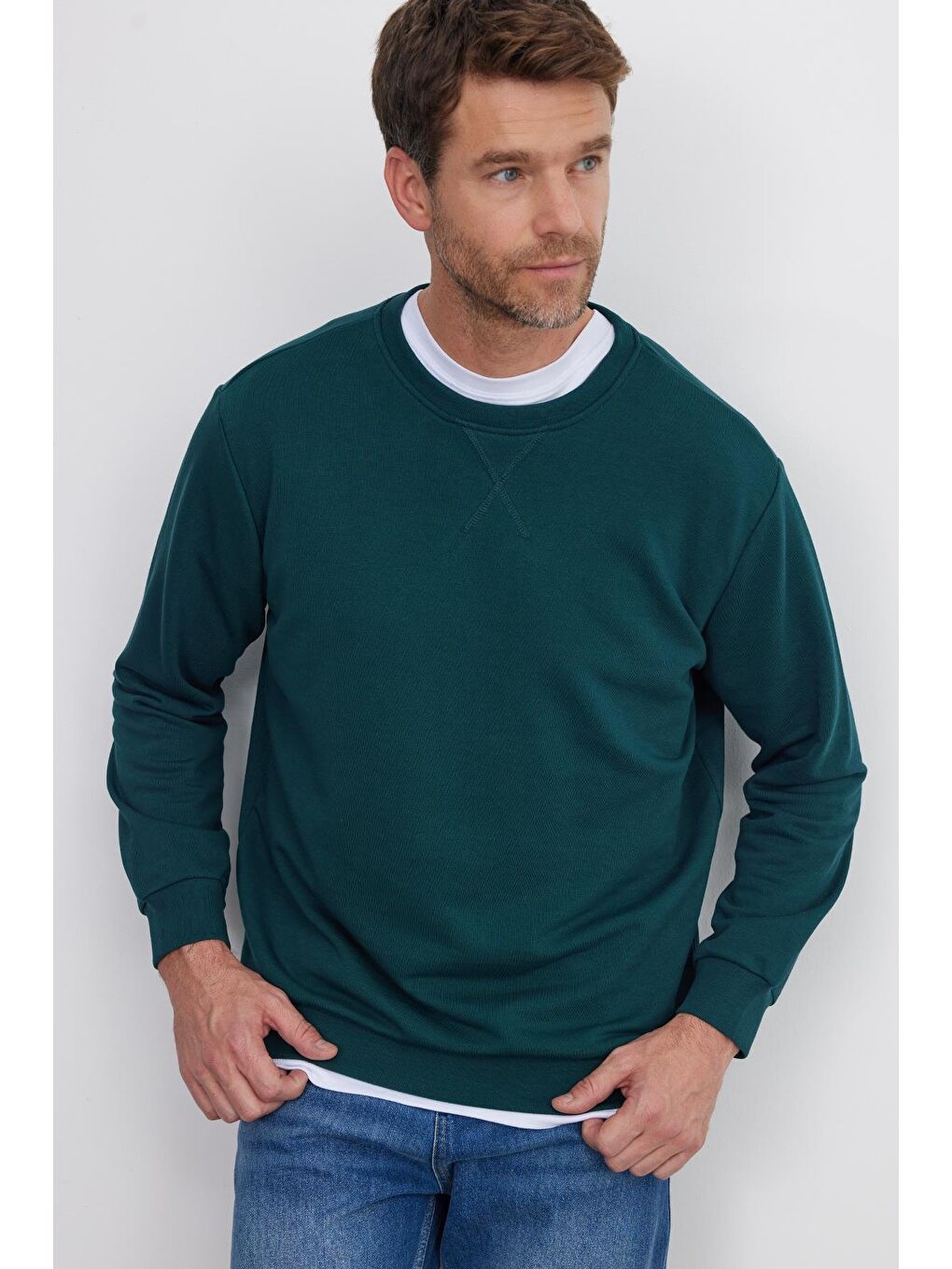 Unisex Relax Fit Rahat Kesim %100 Pamuk Basic Yeşil Bisiklet Yaka Sweatshirt-4