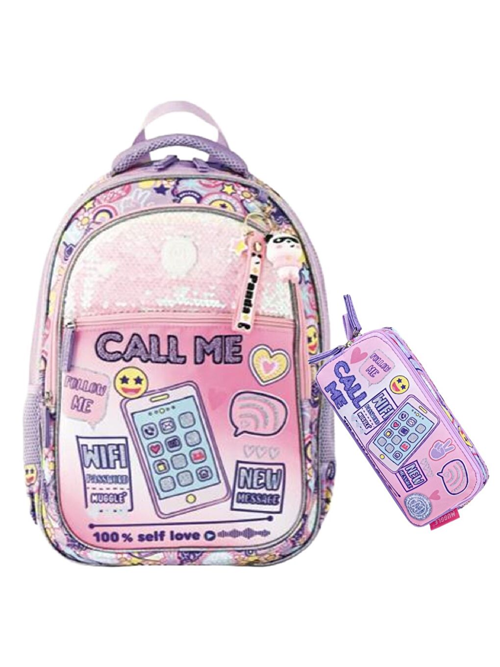 3 Bölmeli Call Me Okul Çantası + Kalemlik Lila 2 Li Set