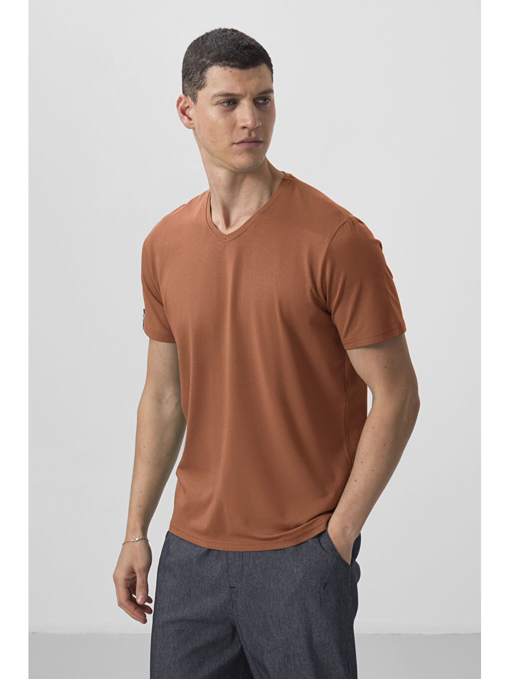 Kahverengi Tarçın Basic Kısa Kol Standart Kalıp V Yaka Erkek T-Shirt - 87912-3